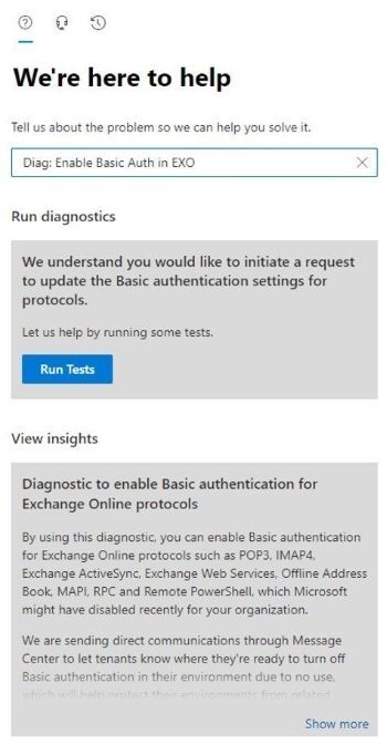 An image demonstrating options available in the Basic authentication self-help diagnostic tool in the Microsoft 365 admin center, including Run diagnostics and View insights.