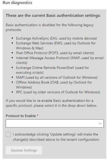 An image demonstrating a set of Basic authentication protocols currently disabled from the self-help diagnostic tool in the Microsoft 365 admin center.