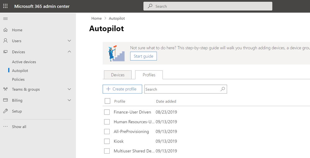 A screenshot of the Autopilot devices and profiles options in Microsoft 365 admin center