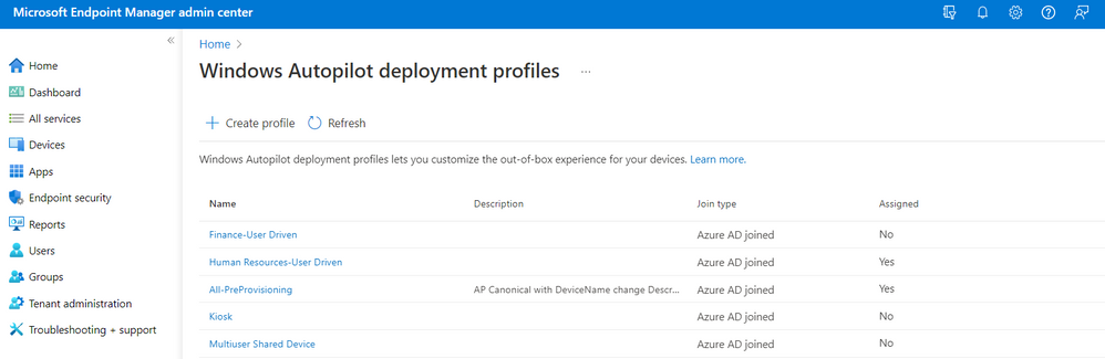 A screenshot of the Windows Autopilot deployment profiles screen in Microsoft Intune