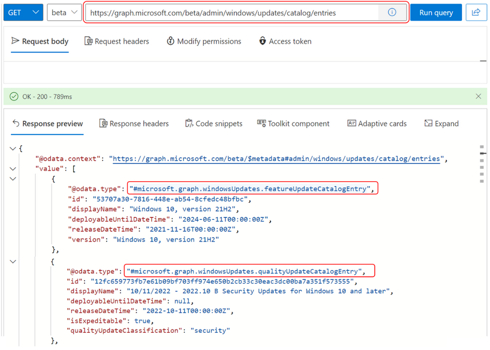 The Microsoft Graph Explorer interface shows a list of deployable updates