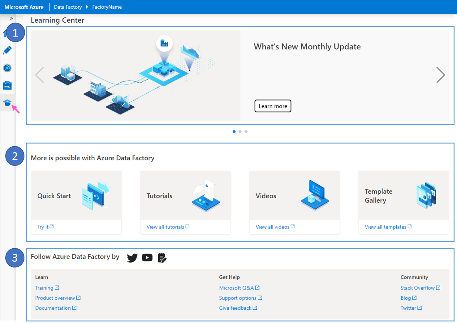 Introducing the Learning Center to Azure Data Factory Studio