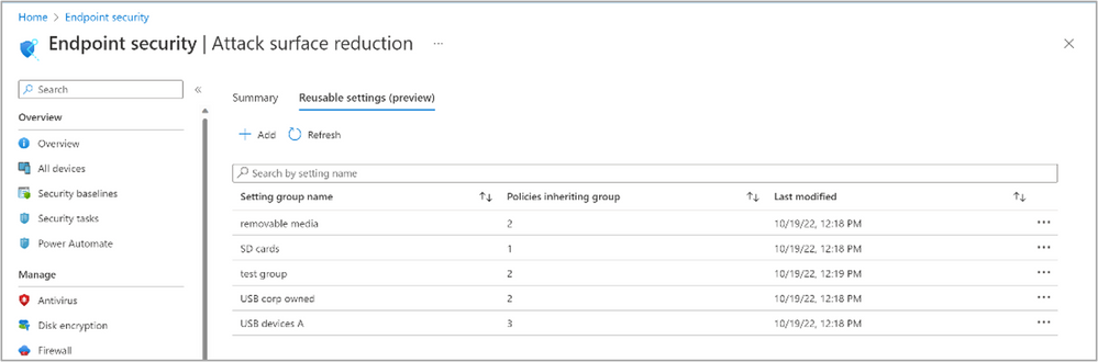 thumbnail image 1 captioned A screenshot of the Attack surface reduction setup on the Endpoint security pane in Intune.