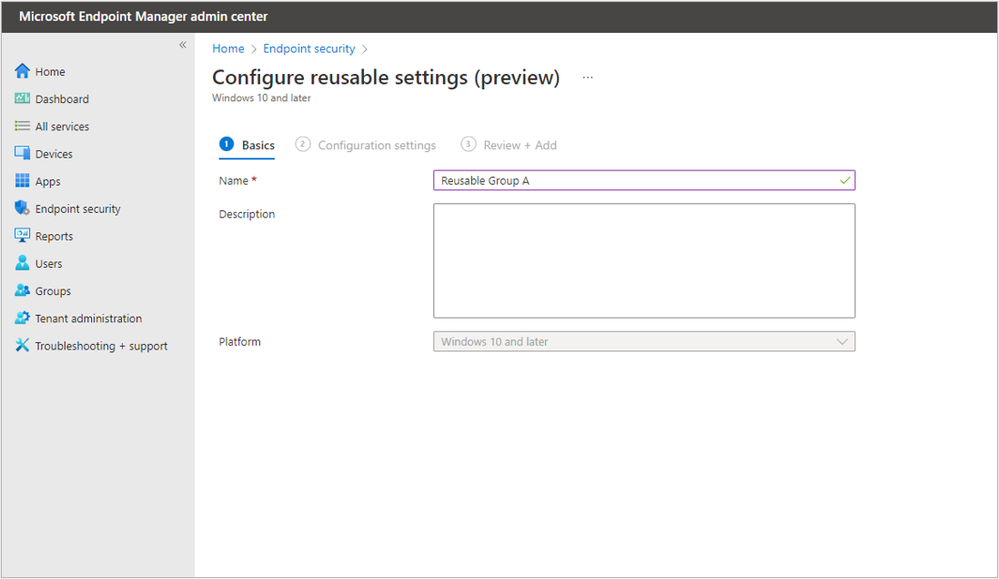 A screenshot of the Configure reusable settings (preview) page.