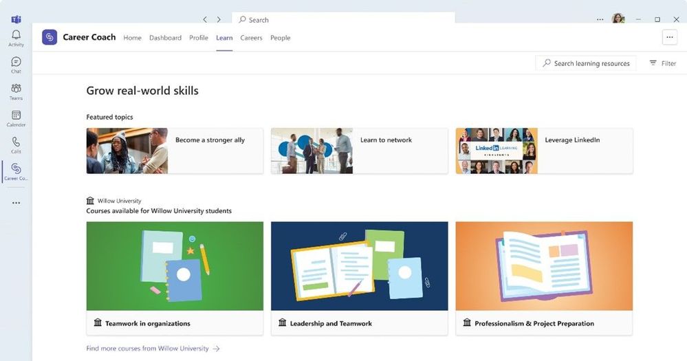 Career Coach Learn Page with the default icon and thumbnails
