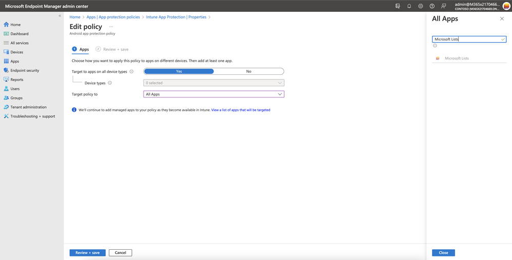 Editing the Microsoft Lists policy for conditional access in the Microsoft Endpoint Manager admin center.