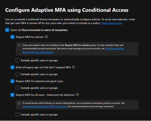 An image providing pre-defined Conditional Access policy options.