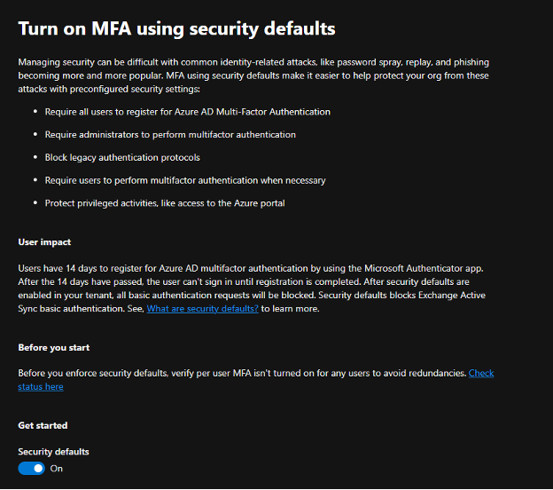 An image demonstrating how to turn on MFA using security defaults.