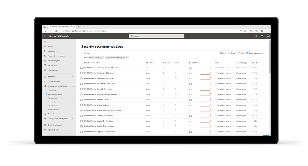 Threat and Vulnerability Management dashboard provides security recommendations for devices and servers in your business.