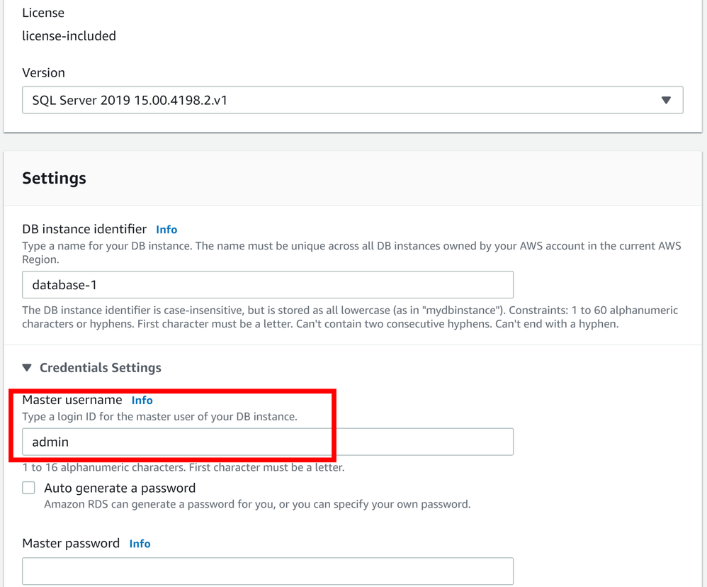 Specifying the Master username when creating a new RDS SQL database