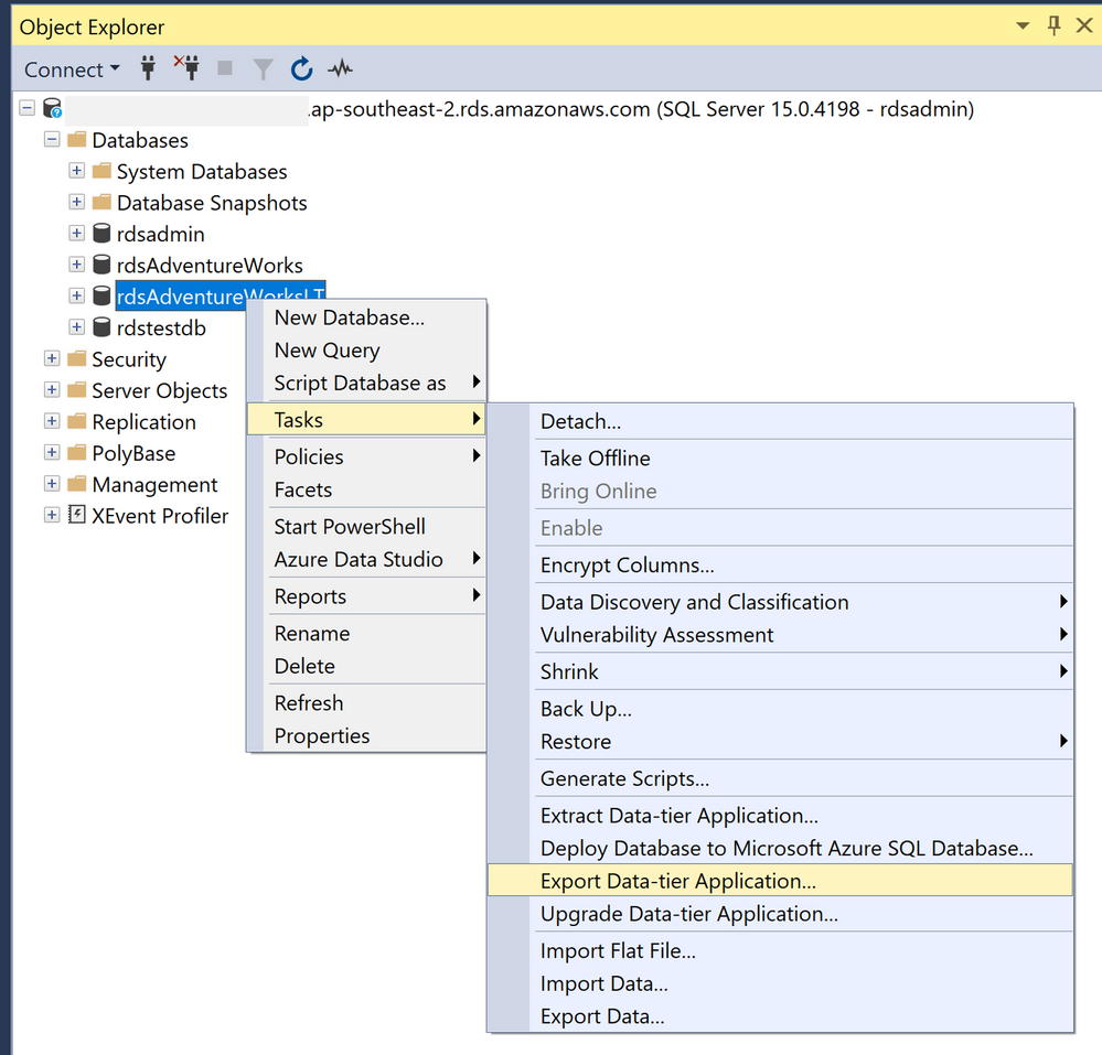 Starting the Export Data-tier Application wizard