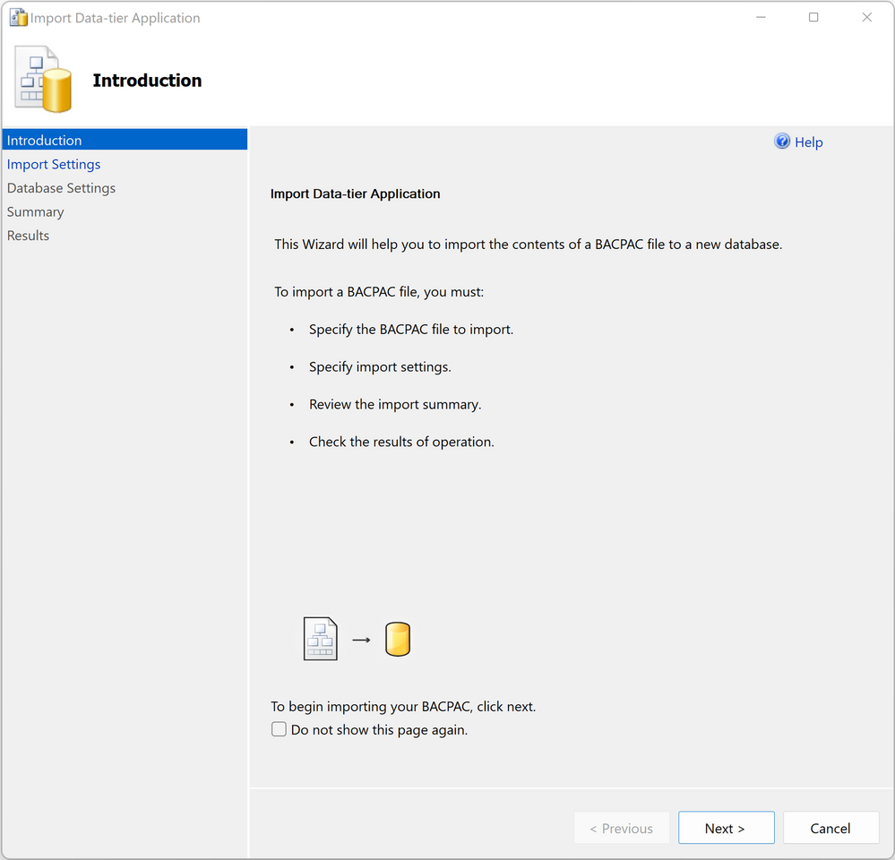 Import Data-tier Application wizard