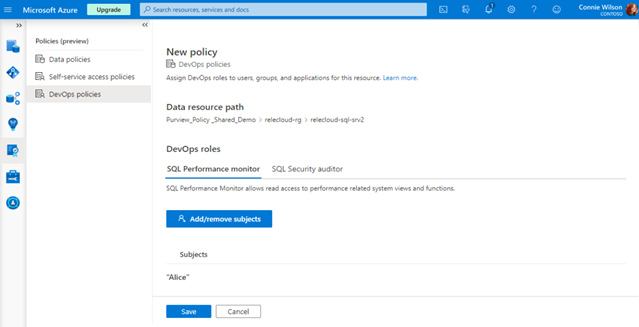 Screenshot shows creating a new DevOps policy in Microsoft Purview