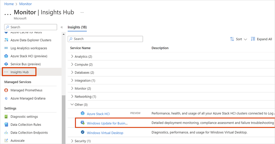 thumbnail image 1 captioned Windows Update for Business reports are shown located in the Insights Hub of the Azure Portal