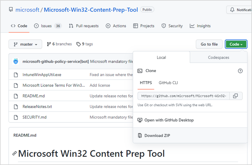 A screenshot of downloading the Microsoft-Win32-Content-Prep-Tool in GitHub.
