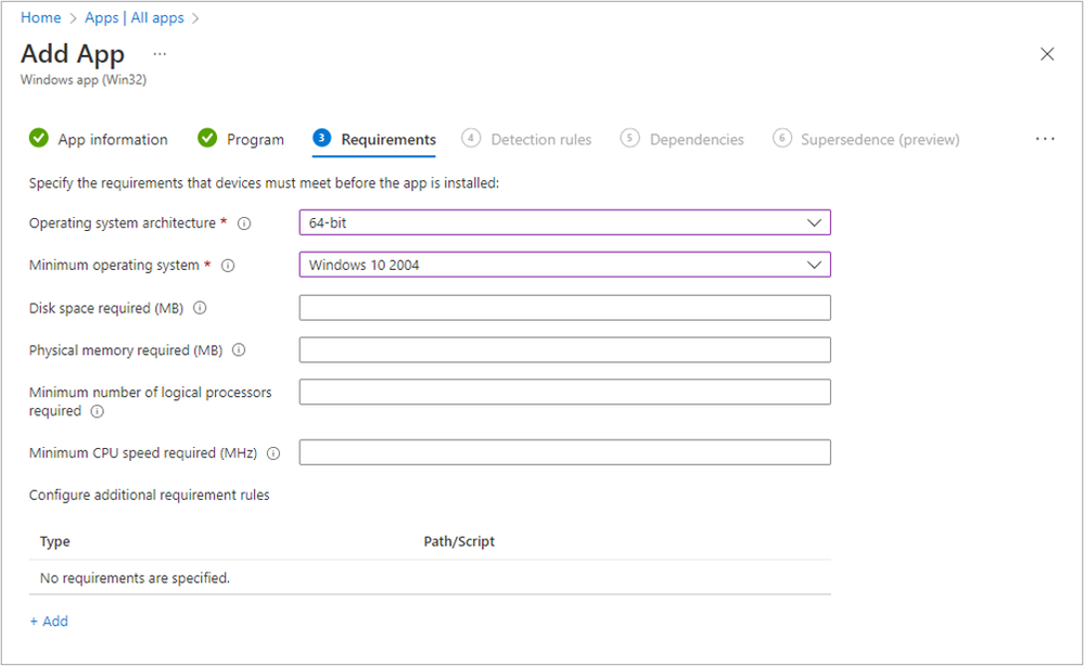 A screenshot of the Requirements tab on the Add App screen in Intune.