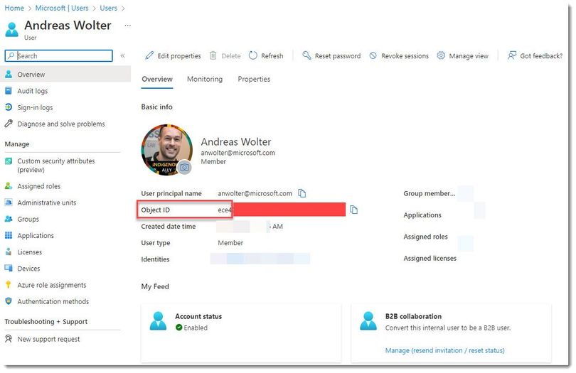 User account in Azure Active Directory in Azure Portal