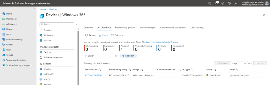 Screenshot from Intune Console - Windows 365 Devices Node, All Cloud PCs View