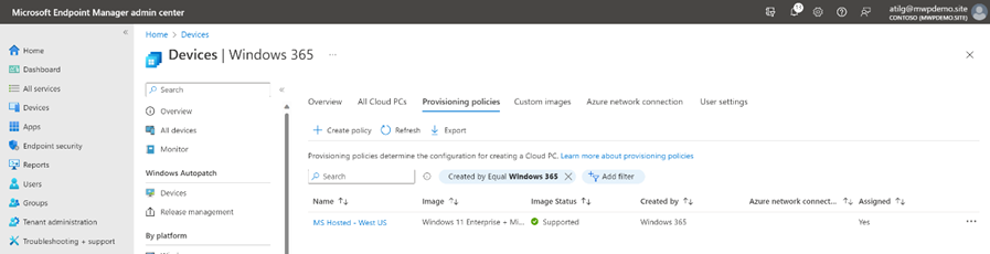 Screenshot from Intune Console - Windows 365 Node, Provisioning Policies View