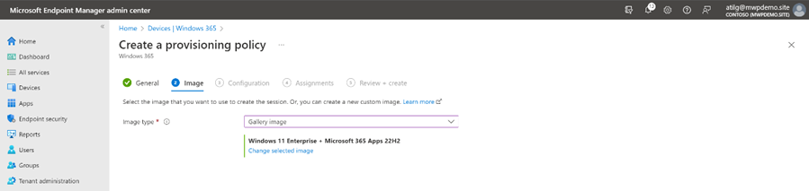 Screenshot from Intune Console - Windows 365 Node, Provisioning Policy Creation View