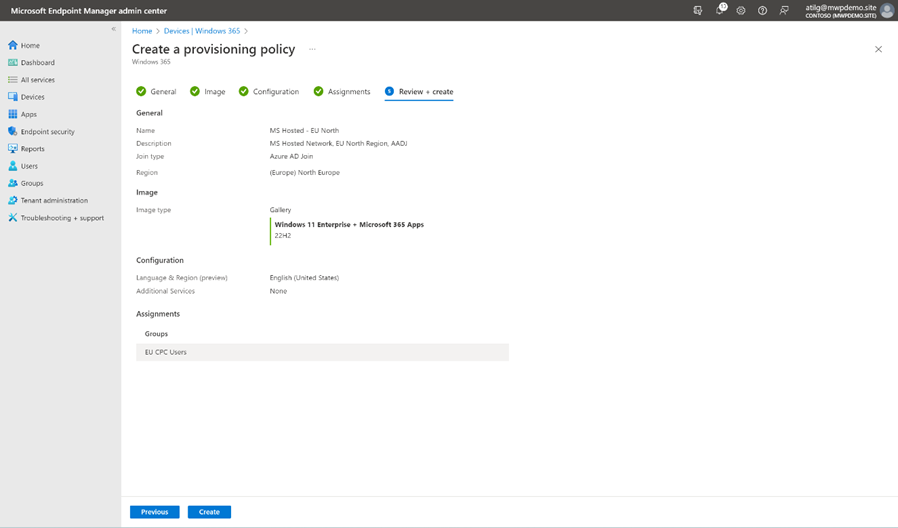 Screenshot from Intune Console - Windows 365 Node, Provisioning Policy Creation View