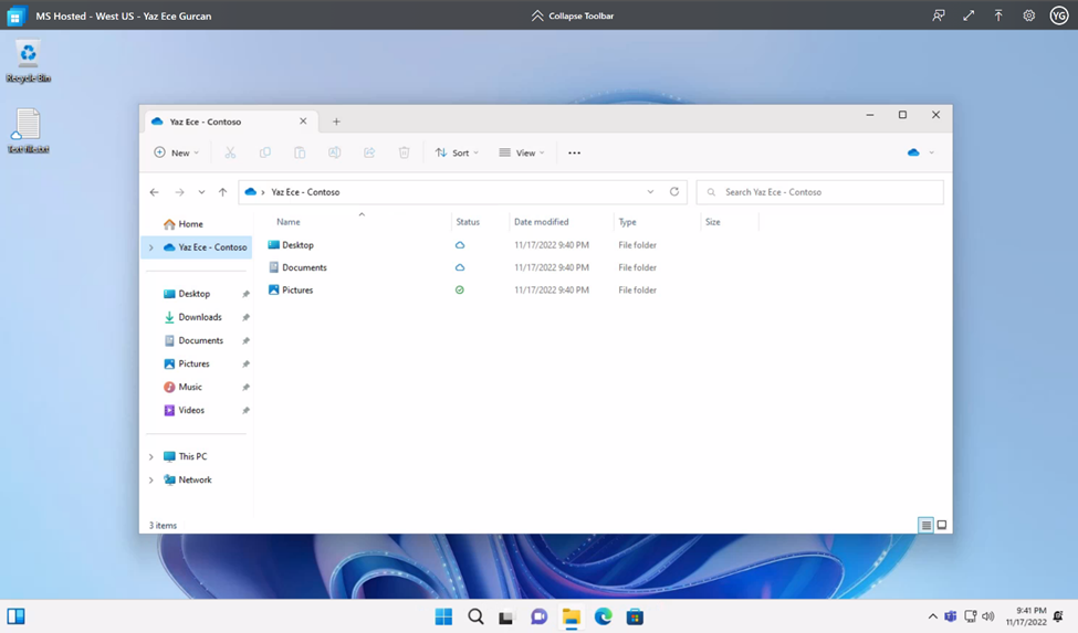 Screenshot from Web Access to Cloud PC, OneDrive for Business Folder is Open on Desktop