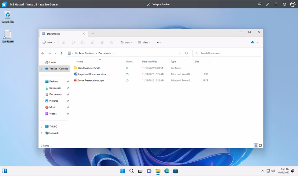 Screenshot from Web Access to Cloud PC, Documents Folder is Open on Desktop