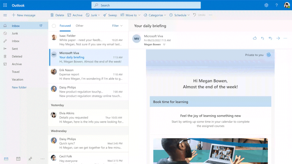 Read the Microsoft Viva briefing email directly in your inbox.