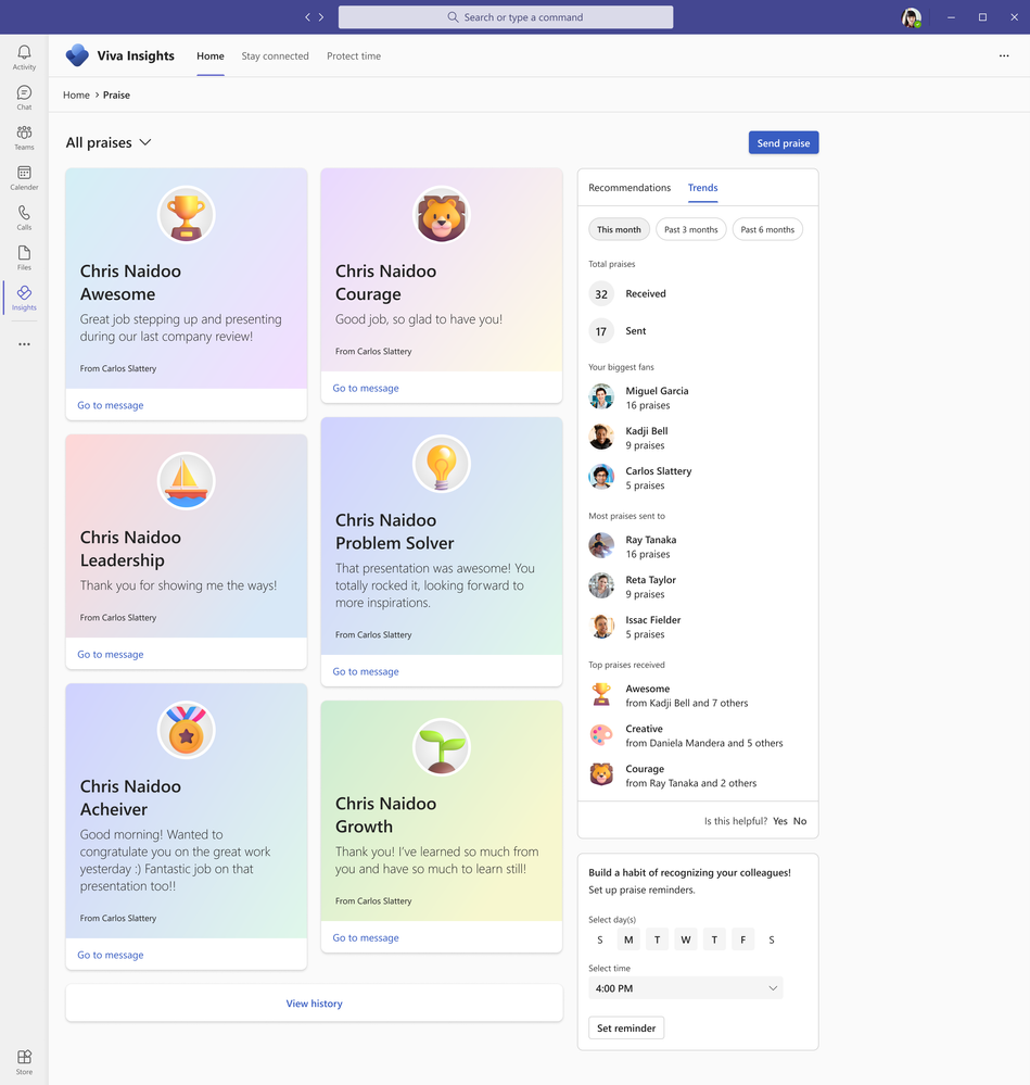 The new Praise experience within Viva Insights makes it easy to give and receive praise to and from your peers.