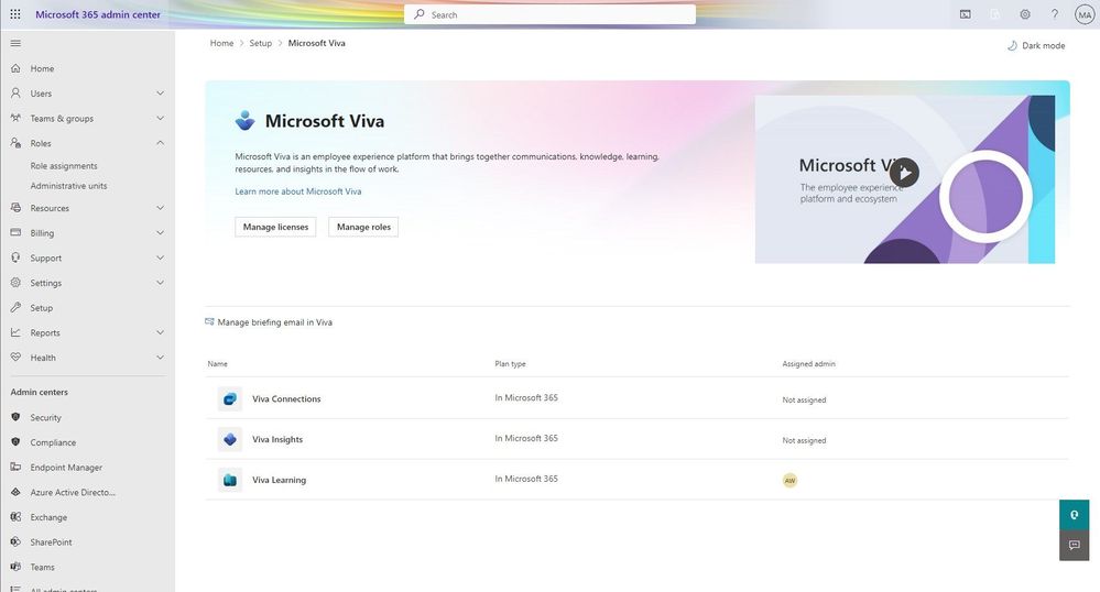 The new Microsoft Viva admin experience within the Microsoft 365 admin center.