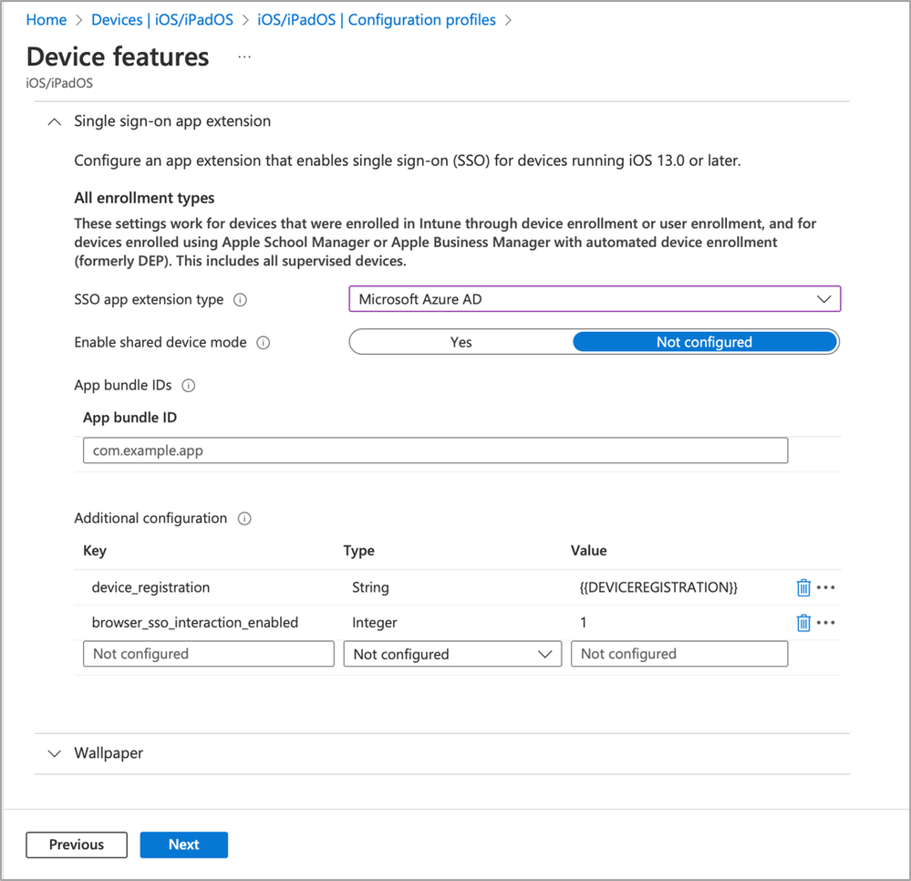 A screenshot of the iOS/iPadOS Device features configuration screen, highlighting settings for 'Single sign-on app extension' and the key value pairs for additional configuration.