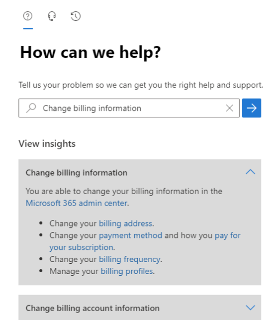 An image demonstrating auto suggestions for a "Change billing information" search query on the Microsoft 365 self-help platform on Azure.