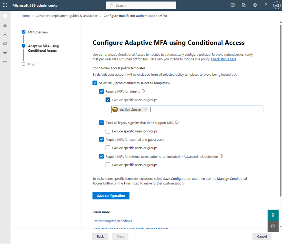 Screenshot of "Configure multifactor authentication (MFA)" advanced deployment guide, Configure Adaptive MFA using Conditional Access view