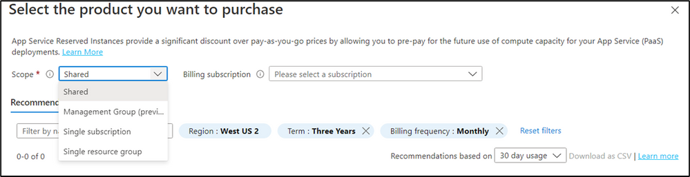 EX: App Service purchase scope options