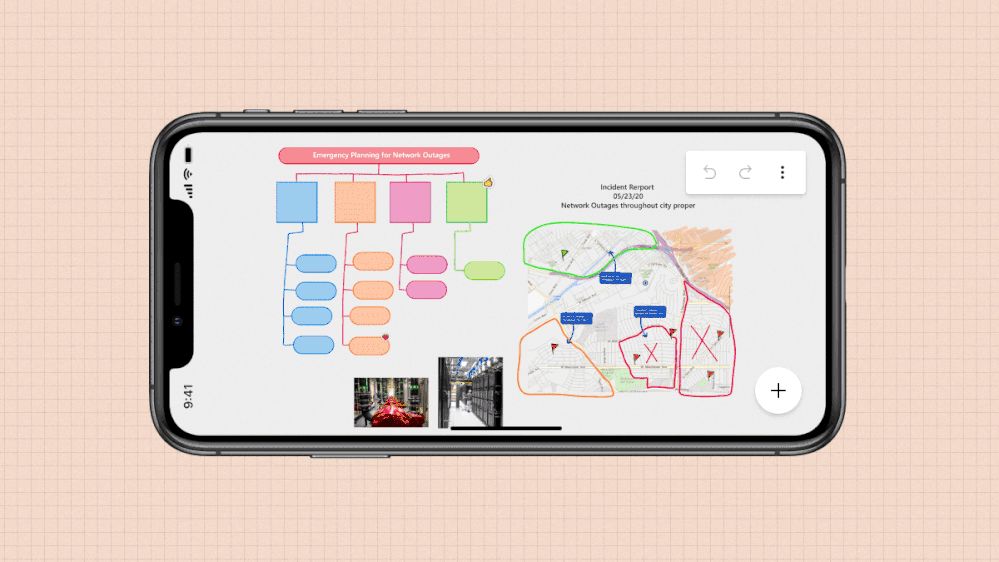 An animated image demonstrating the landscape mode experience from the Whiteboard mobile app where the Create panel is horizontal and scrollable, notes can be edited using the device keyboard, and object controls appear horizontally.
