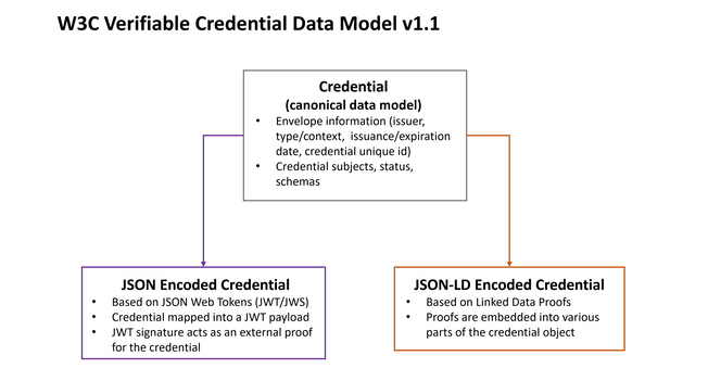 Three boxes showing a credential (without verifiability) on top and two credentials (with viability) descending - a JSON encoded credential and a JSON-LD Encoded Credential