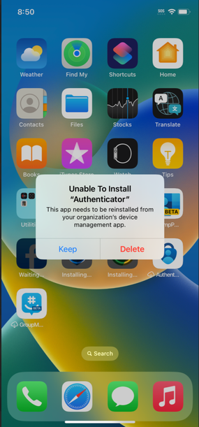 Figure 2: A screenshot of the “Unable to install” message a user may see when attempting to install and a device sync is needed..