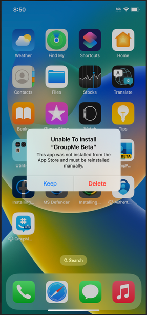 Figure 3: A screenshot of the “Unable to install” message a user may see when attempting to install an app and a device sync is needed.