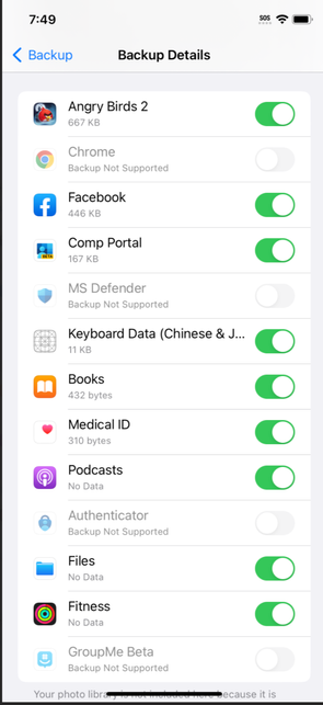 Figure 5: A screenshot of the Backup Details on the user device showing apps that are backed up with the indicator switch in green and apps that are not backed up greyed out with the text “Backup Not Supported.”