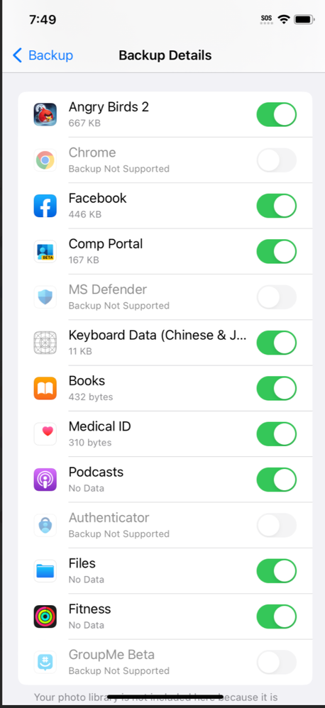 Figure 7: A screenshot of the Backup Details on the user device showing apps that are backed up with the indicator switch in green and apps that are not backed up greyed out with the text “Backup Not Supported.”