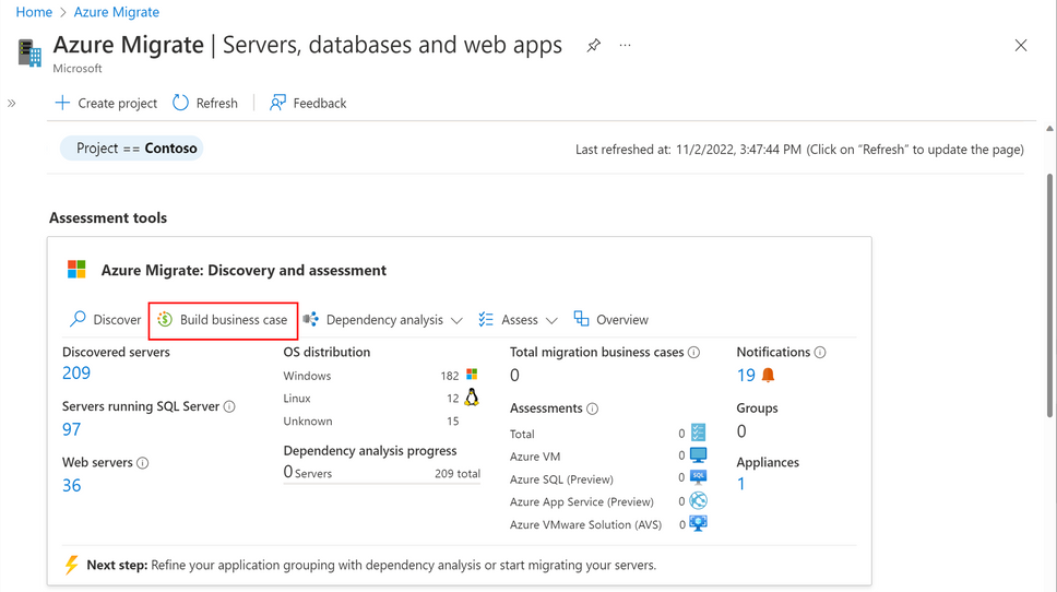 Azure Migrate project summary view