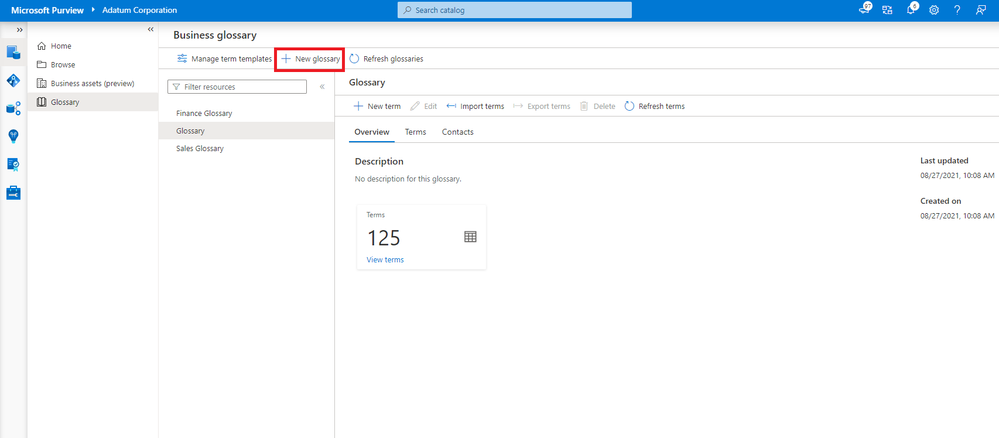 Screenshot of Microsoft Purview Business Glossary