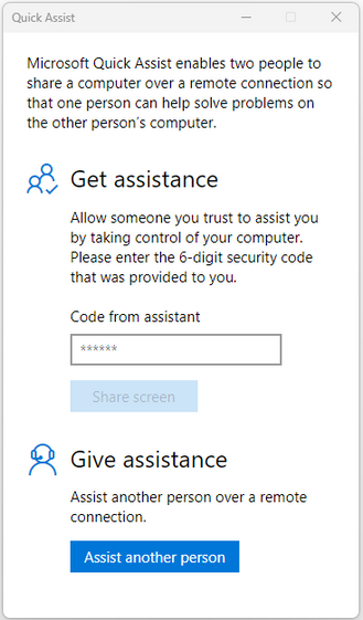 Quick Assist interface with two options: to get assistance and to give assistance.