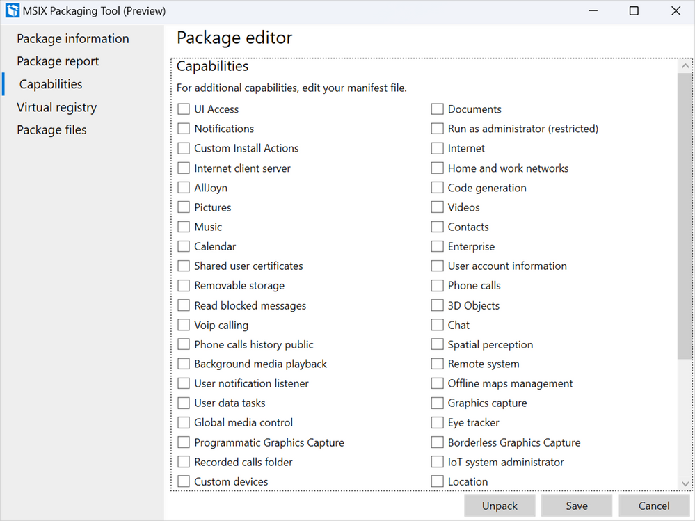 A list of the capabilities available in v1.2022.1003.0 of the MSIX Packaging Tool