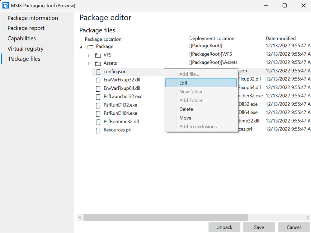 A screenshot of the quick Edit option within the package editor