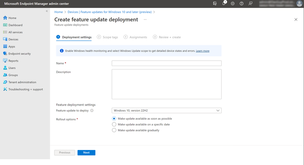 A screenshot of feature update deployment management in the Endpoint Manager admin center