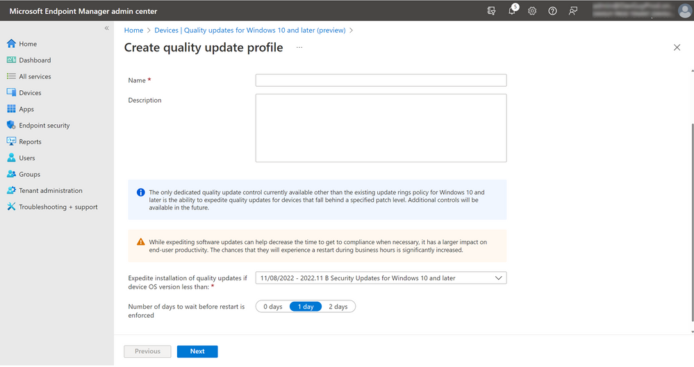 A screenshot of the Create quality update profile settings pane in the Endpoint Manager admin center