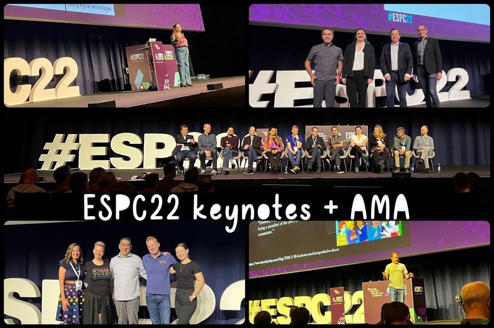 Collage of photos take from each Microsoft keynote + AMA, starting top left and going clockwise: 1) Karuana Gatimu speaks about the metaverse, 2) Jeff Teper, Cathy Dew, Chris McNulty, and Adam Harmetz sharing highlights and value of Microsoft 365, 3) the full Microsoft AMA panel, 4) Scott Hanselman on the importance of sponsorship, and 5) the developer keynote crew: Emily Mancini, Luise Frees, Derek Cash-Peterson, Vesa Juvonen, and Laura Kokkarinen.