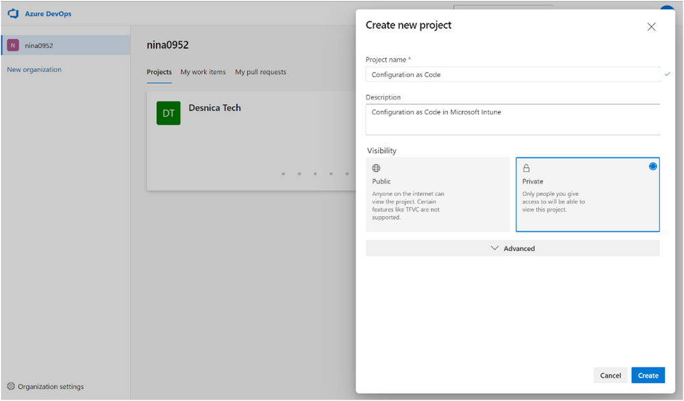 A screenshot of the Create new project pane in Azure DevOps.