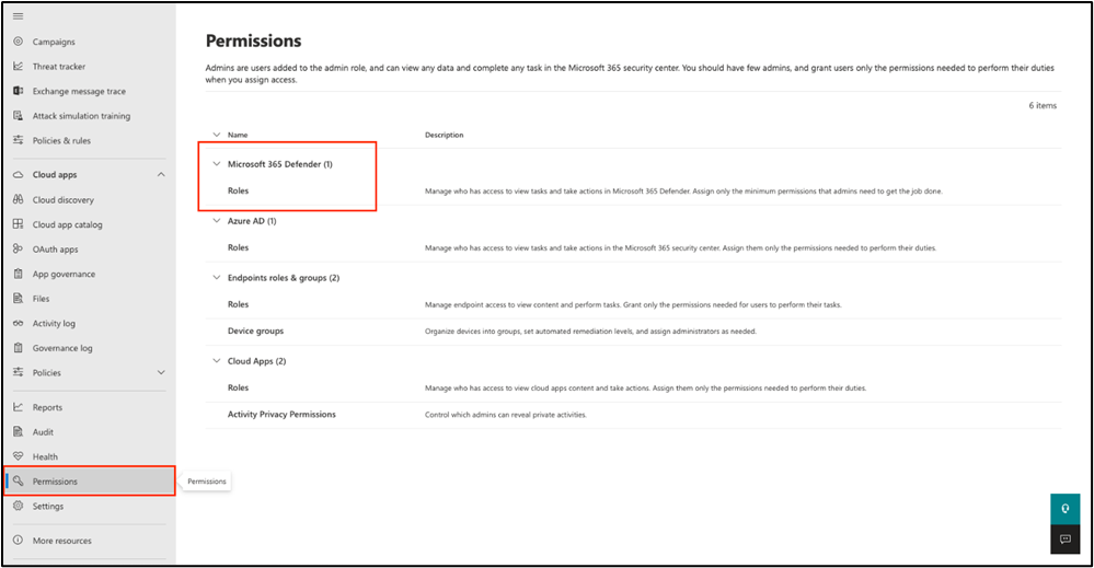 Image 1: Access to the new Microsoft 365 Defender RBAC model from the Permissions page